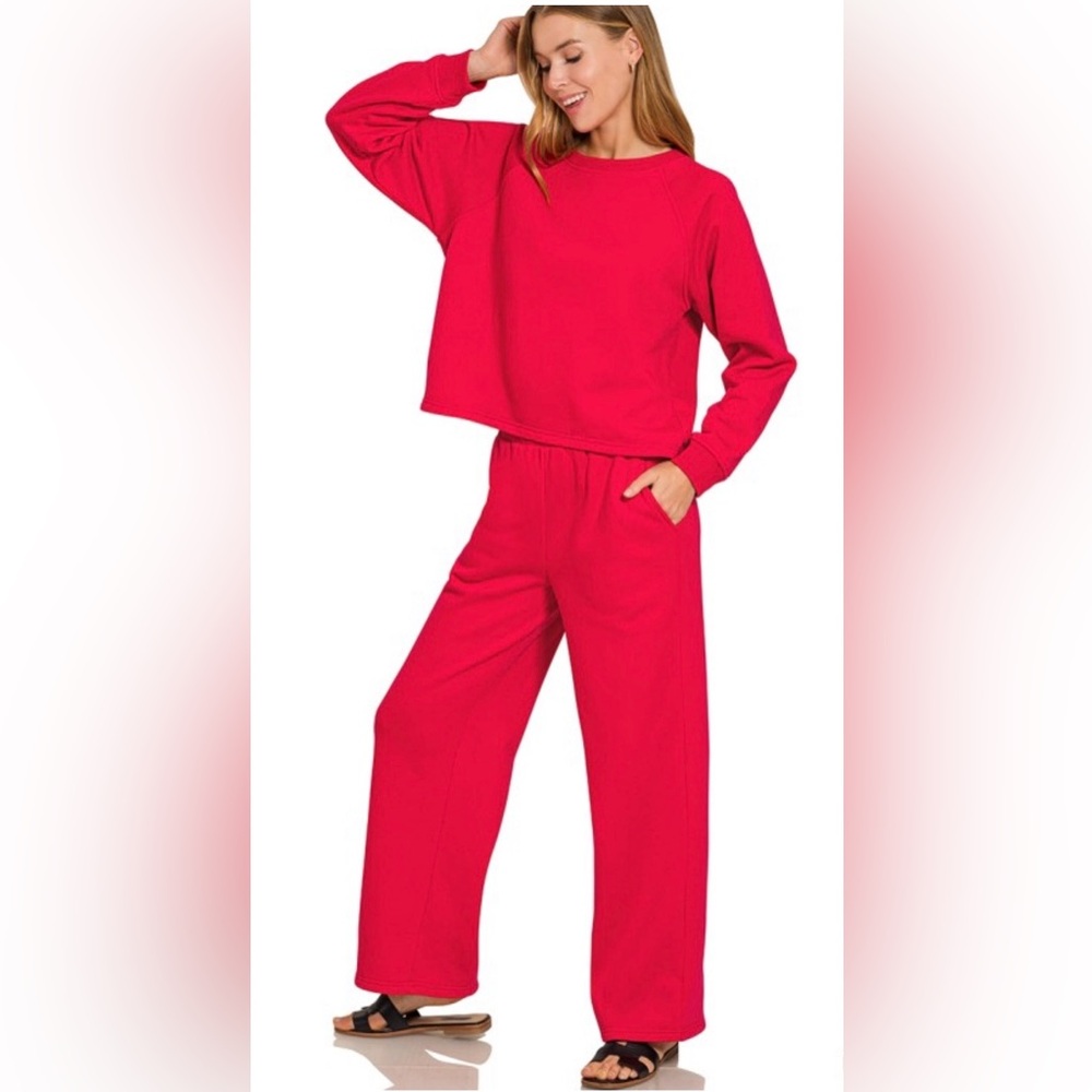 Zenana Fleece Raglan Sleeve Pullover and Sweatpants Set Red